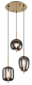 Blacky Ø46 Laiton De Globo Lighting - Den best&aring;r av en rund m&auml;ssingsf&auml;rgad metallplatta, fr&aring;n vilken tre svarta kablar med r&ouml;kf&auml;rgade glasglober i olika former h&auml;nger.