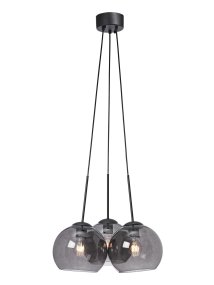 Salle Ø45 Couleur fumée suspension De Cottex - La lampe se compose de trois sphères en verre de couleur fumée, dont l'une est suspendue à un plafonnier noir, créant une atmosphère élégante et industrielle.