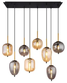 Blacky 102cm Ambre De Globo Lighting - De &aring;tta r&ouml;k- och amberf&auml;rgade glasgloberna i olika former h&auml;nger fr&aring;n en svart, rektangul&auml;r takplatta och kan justeras upp till 120 cm fr&aring;n taket.