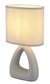 Triangle 30cm Gris lampe de table De Globo Lighting - Den triangelformade basen med ett stilrent utskuret h&aring;l ger ett modernt intryck, medan den ovala textilsk&auml;rmen i gr&aring; f&auml;rg sprider ett behagligt och j&auml;mnt ljus.