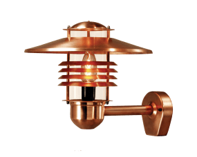 Arnäs Cuivre lampe d’extérieur De Westal - L'applique murale Arns est une lampe élégante avec un motif lumineux rond et un abat-jour en verre transparent entourant la source lumineuse.