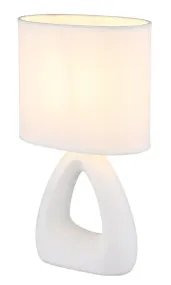Triangle 30cm Blanc lampe de table De Globo Lighting - Den triangelformade basen med ett stilrent utskuret h&aring;l ger ett modernt intryck, medan den ovala textilsk&auml;rmen i vit f&auml;rg sprider ett behagligt och j&auml;mnt ljus.