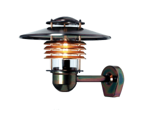 Arnäs Cuivre oxydé De Westal - L'applique murale Arns est une lampe élégante avec un motif lumineux rond et un abat-jour en verre transparent entourant la source lumineuse.