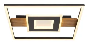 Pikara 38cm Bois plafonnier De Globo Lighting - Lampan &auml;r tillverkad i en stilfull kombination av metall i tr&auml;look och en mattsvart finish, vilket ger den en modern men samtidigt naturlig k&auml;nsla.