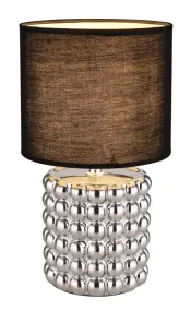 Valentino 33cm Chrome lampe de table De Globo Lighting - P&aring; en cylinderformad fot i krompl&auml;terad keramik vilar en stilren, svart textilsk&auml;rm.