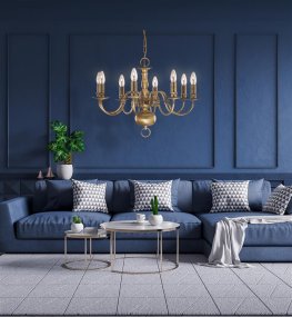 Flemish 8 Ø62 Laiton suspension De Searchlight - Dot&eacute; de huit bougeoirs classiques de style cand&eacute;labre et d'une pi&egrave;ce ma&icirc;tresse d&eacute;corative &agrave; la base incurv&eacute;e, il d&eacute;gage une impression d'&eacute;l&eacute;gance et de tradition.