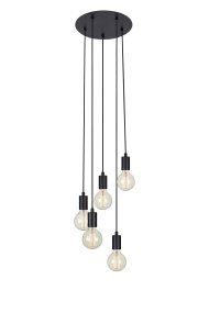 Sky Ø32 Noir suspension De Markslöjd - Plafonnier de la série Sky, avec cinq douilles en métal noir et un câble textile noir suspendus à différentes hauteurs à un support de plafond rond.
