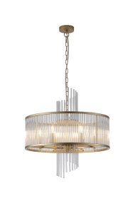Lara Ø55 Or brossé De Searchlight - Sa structure ronde en métal doré brossé est ornée de tiges de verre transparent qui captent et reflètent la lumière comme des prismes, créant une ambiance douce et feutrée.