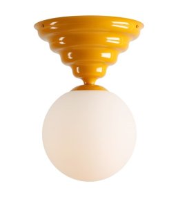 Wave Ø30 Jaune De Artera - Il est doté d'un cadre jaune aux formes légèrement ondulées et d'un abat-jour rond en verre blanc qui diffuse une lumière agréable et uniforme dans toute la pièce.