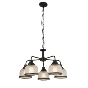 Highworth Ø58 Noir De Searchlight - Ses cinq abat-jour en verre dépoli et côtelé, façon holophane, diffusent une lumière douce et agréable, créant un jeu d'ombres et de lumières captivant.