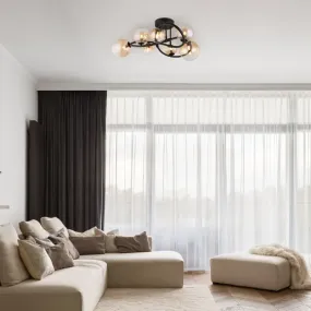 Tuberius Ø62 Ambre plafonnier De Globo Lighting - Lampan &auml;r tillverkad av mattsvart metall och &auml;r smyckad med 7st glas i en&nbsp;mjuk b&auml;rnstensf&auml;rgad ton, vilket skapar en st&auml;mningsfull ljusspridning.