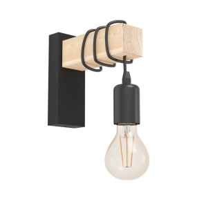 Townshend Noir applique murale De Eglo - Les détails en bois robustes et le câble exposé confèrent à la lampe une touche rustique, tandis que l'ampoule exposée souligne le style industriel.