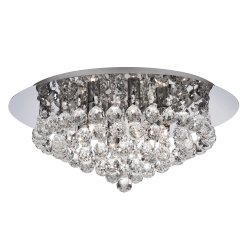 Hanna Ø45 Chrome cristal De Searchlight - La lampe luxueuse se trouve pr&egrave;s du plafond et dispose de six sources lumineuses entour&eacute;es de garnitures et de sph&egrave;res en cristal d&eacute;cadentes.