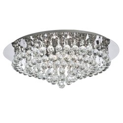Hanna Ø55 Chrome cristal De Searchlight - La lampe luxueuse se trouve pr&egrave;s du plafond et dispose de huit sources lumineuses entour&eacute;es de garnitures et de sph&egrave;res en cristal d&eacute;cadentes.
