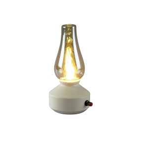Lampe de table rechargeable 25cm Blanc portable De Konstsmide - Fabriquée en métal et en verre, elle est dotée d'un socle blanc et d'un variateur pratique permettant de régler facilement l'intensité de sa lumière blanche chaude et tamisée.