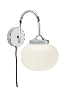 Elsy 30cm Blanc lampe de lecture De PR Home - Son abat-jour en verre blanc cass&eacute;, fa&ccedil;onn&eacute; &agrave; la main, conf&egrave;re &agrave; chaque lampe un caract&egrave;re unique, tandis que les d&eacute;tails en m&eacute;tal chrom&eacute; cr&eacute;ent un contraste raffin&eacute; et exclusif.