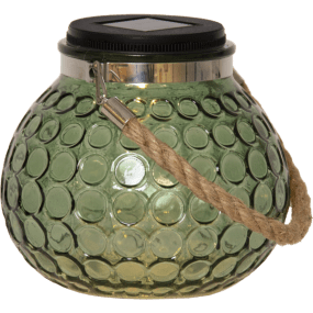 Dotte Vert lampe solaire De Star Trading - Dotte est une lanterne solaire décorative en verre vert avec une surface en forme de bouton et une poignée en corde.