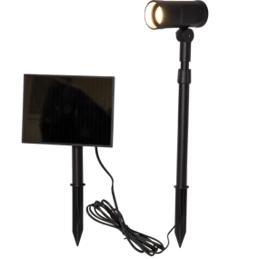 Powerspot Noir lampe solaire De Star Trading - Ce projecteur solaire offre une lumière blanche chaude au crépuscule, avec une intensité de 250 lumens pendant environ 4 heures, ou de 125 lumens pendant environ 8 heures lorsque le panneau solaire est chargé de manière optimale (6 heures en plein soleil).