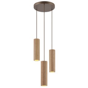 Lakewood Ø28 Bois suspension De Brilliant - La suspension Lakewood associe du métal brun à trois abat-jour cylindriques en bois veiné, créant une ambiance chaleureuse et naturelle dans n'importe quelle pièce.