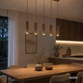 Lakewood 95cm Bois suspension De Brilliant - Les cinq abat-jour sont alignés et leur hauteur est réglable lors de l'installation pour s'adapter à la pièce et à l'emplacement souhaité.