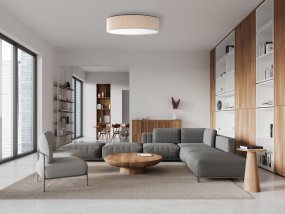 Conny Ø50 Beige plafonnier De Globo Lighting - Sk&auml;rmen i beige och den vita bottenplattan skapar ett fint och bl&auml;ndfritt ljus i rummet.