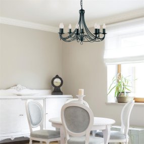 Maypole Ø60 Noir suspension De Searchlight - Suspendu à une plaque de plafond noire, ce luminaire convient à un salon, une chambre, une salle à manger ou un couloir.