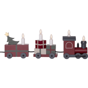 Christmas Train ROUGE De Star Trading - Le train est &eacute;clair&eacute; par des lumi&egrave;res LED plac&eacute;es dans les wagons, qui sont maintenus ensemble par un c&acirc;ble textile noir.