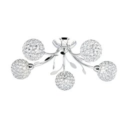 Bellis Ø54 Chrome plafonnier De Searchlight - Le plafonnier Bellis II en chrome avec cinq sources lumineuses et des abat-jour en verre transparent ainsi qu&#39;une d&eacute;coration de feuilles laisse une impression &eacute;l&eacute;gante dans la chambre, le salon, la salle &agrave; manger ou la cuisine.