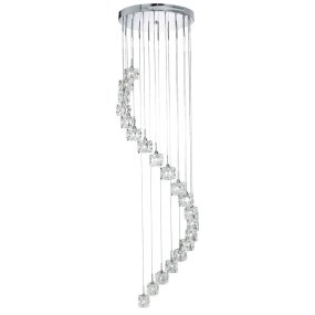 Ice Cube Ø45 Chrome De Searchlight - Grâce à sa conception en cascade de 3 mètres de haut, ce luminaire est idéal pour les couloirs et les cages d'escalier à hauts plafonds, où il devient un élément central de la décoration.