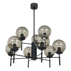 Salzburg Ø90 Noir suspension De Hallbergs - La lampe possède neuf bras décoratifs, chacun avec une source lumineuse, entourés d'un abat-jour en verre couleur fumée qui crée une belle répartition lumineuse et une belle atmosphère dans la pièce.