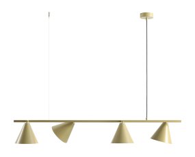 Form 120cm Pistache suspension De Artera - Sa forme allongée s'harmonise parfaitement avec ses quatre abat-jour coniques d'un doux vert pistache, conférant à la lumière un caractère à la fois moderne et décoratif.