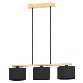 Castralvo 97cm Nature De Eglo - Cette suspension combine trois abat-jour noirs avec une base en bois clair, créant une ambiance harmonieuse et moderne.