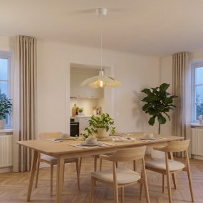 Binacua Ø40 Beige suspension De Eglo - Le tissu confère à la lampe une ambiance douce et accueillante, tandis que la forme florale apporte une touche ludique à la pièce.