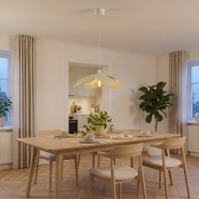 Binacua Ø60 Beige suspension De Eglo - Le tissu confère à la lampe une ambiance douce et accueillante, tandis que la forme florale apporte une touche ludique à la pièce.
