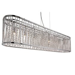 Elise 104cm Chrome suspension De Searchlight - Le centre de la lampe est décoré de gouttes de cristal transparent qui scintillent magnifiquement lorsque la lampe est allumée.