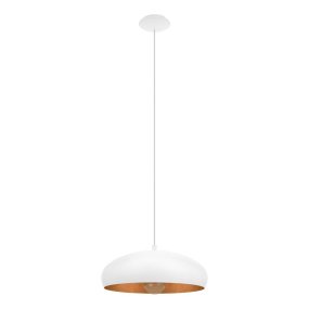Mogano Ø40 Blanc suspension De Eglo - Avec sa forme doucement arrondie en finition blanche et cuivre, il crée une atmosphère chaleureuse et cosy, parfaite pour la salle à manger, le salon ou le couloir.