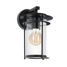 Valdeo Noir lampe d’extérieur De Eglo - La lampe est dot&eacute;e d'un cadre &eacute;l&eacute;gant en acier galvanis&eacute; noir et d'un cylindre en verre transparent qui entoure la source lumineuse, offrant un &eacute;clairage agr&eacute;able et invitant.