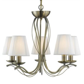 Andretti Ø50 Laiton antique De Searchlight - Les cinq abat-jour en tissu blanc côtelé diffusent une lumière douce et homogène, créant un jeu d'ombres et de lumières des plus agréables.