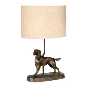 Rufus 48cm Bronze lampe de table De Elstead Lighting - L'abat-jour ovale, en jute naturel laminé, diffuse une lumière douce et agréable et crée une ambiance chaleureuse.