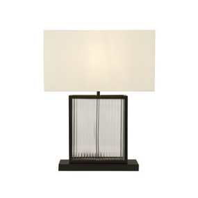 Clarendon 53cm Noir lampe de table De Searchlight - Son pied remarquable en métal noir mat et verre trempé lui confère une allure affirmée, tandis que son abat-jour en velours crème crée un doux contraste et une touche de luxe.