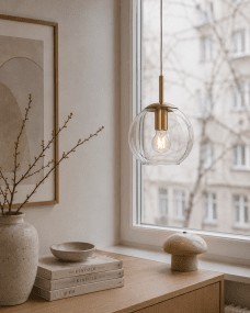 Globi Ø15 Laiton/transparent lampe de fenêtre De Nordic Lighting - La suspension Globi est une lampe &eacute;l&eacute;gante et moderne qui cr&eacute;e une ambiance chaleureuse et accueillante dans n'importe quelle pi&egrave;ce.