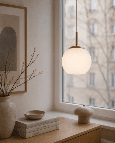  Globi Ø15 Laiton/blanc lampe de fenêtre De Nordic Lighting - La suspension Globi est une lampe &eacute;l&eacute;gante et moderne qui cr&eacute;e une ambiance chaleureuse et accueillante dans n'importe quelle pi&egrave;ce.