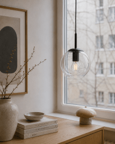 Globi Ø15 Noir/transparent lampe de fenêtre De Nordic Lighting - La suspension Globi est une lampe &eacute;l&eacute;gante et moderne qui cr&eacute;e une ambiance chaleureuse et accueillante dans n'importe quelle pi&egrave;ce.