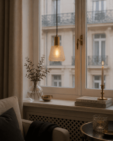 Daimon Ø15 Ambre lampe de fenêtre De Lampan - L'applique est fournie avec un c&acirc;ble textile noir de 3,5 m, un interrupteur et une prise.