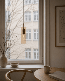 Cilinda Ø7 Laiton/ambre lampe de fenêtre De Nordic Lighting - Son verre ambr&eacute; assure une agr&eacute;able diffusion de la lumi&egrave;re et, associ&eacute; aux d&eacute;tails en laiton vieilli, en fait un &eacute;l&eacute;ment d&eacute;coratif raffin&eacute;.
