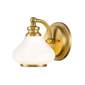Ainsley Ø16 Laiton brossé lampe de salle de bain De Elstead Lighting - Placez-le pr&egrave;s de votre miroir de salle de bain pour un &eacute;clairage &agrave; la fois esth&eacute;tique et fonctionnel.