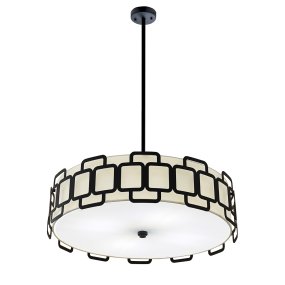 Sabina Ø57 Noir De Elstead Lighting - Sa structure g&eacute;om&eacute;trique en acier noir dessine un motif raffin&eacute; autour de l'abat-jour en tissu couleur cr&egrave;me, lui conf&eacute;rant une allure r&eacute;solument moderne.