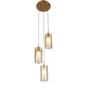 Duo Ø26 Bronze suspension De Searchlight - Fabriqu&eacute;e en m&eacute;tal avec une &eacute;l&eacute;gante finition bronze, elle se compose de trois abat-jour cylindriques en verre ambr&eacute;.