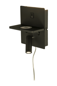 Astor Noir lampe de lecture De Aneta Lighting - Astor dispose &eacute;galement d'un plateau pratique avec un chargeur sans fil pour votre t&eacute;l&eacute;phone portable et de deux ports USB (USB A et C) &agrave; l'avant.