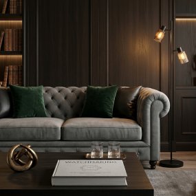 Kiera 2 Noir/ambre lampadaire De Cottex - La structure en m&eacute;tal noir mat offre un contraste &eacute;l&eacute;gant avec le verre ambr&eacute;, faisant de Kiera un &eacute;l&eacute;ment d&eacute;coratif central dans n'importe quelle pi&egrave;ce.